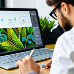 A professional graphic designer in modest, contemporary business casual attire, intensely focused on a tablet with a stylus in a brightly lit modern co-working space. The tablet screen displays a colorful, intricate digital illustration, hinting at creativity and innovation. The background features blurred colleagues working on laptops and green plants, creating a productive and vibrant environment. The subject is fully clothed, appropriate attire, safe for work, professional, perfect anatomy, correct proportions, natural pose, well-formed hands, proper finger count, natural body proportions, professional photography, high quality, appropriate content.