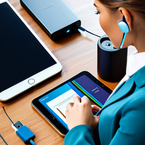 **

"A professional woman in a modest business attire, using a multi-port charger to charge a smartphone, tablet, and wireless earbuds on a desk. Modern, clean background. Safe for work, appropriate content, fully clothed, professional, perfect anatomy, natural proportions, high quality."

**