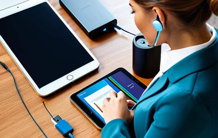 **

"A professional woman in a modest business attire, using a multi-port charger to charge a smartphone, tablet, and wireless earbuds on a desk. Modern, clean background. Safe for work, appropriate content, fully clothed, professional, perfect anatomy, natural proportions, high quality."

**